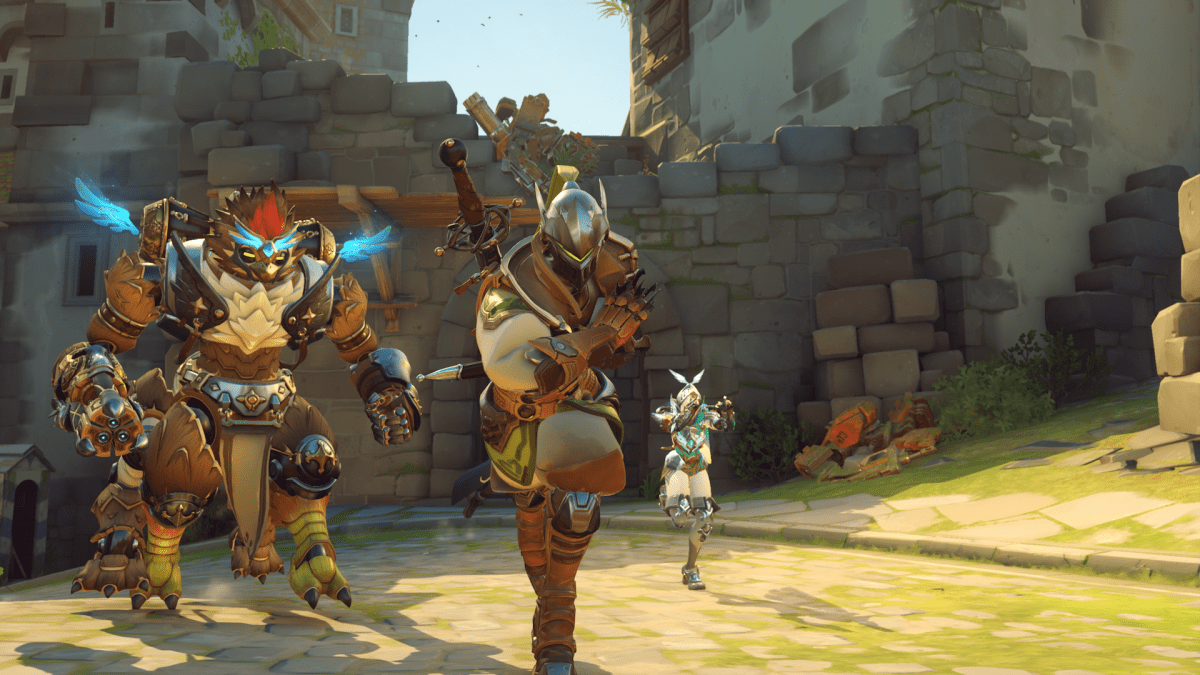 GR-iffon Orisa, Royal Guard Genji, and Adventurer Tracer all charge forward to battle on the second point of Eichenwalde.