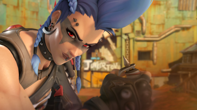 Junker Queen stares seriously at the camera during a closeup while holding her Jagged Blade.