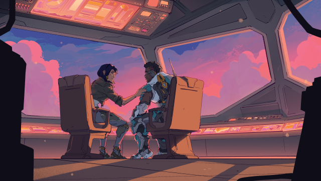 Pharah and Baptiste sitting down and sharing a moment with one another in a command center.