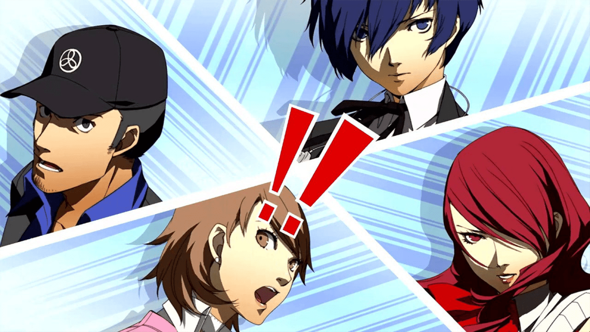 Persona 3 characters reacting to something on the screen.