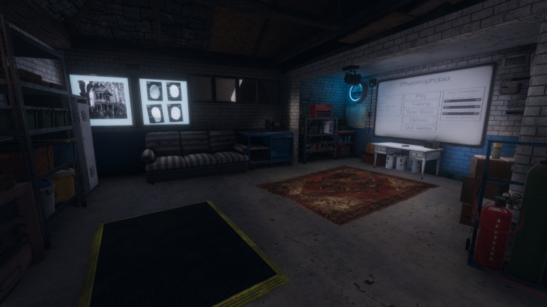 An in-game screenshot of Phasmophobia, featuring a garage with a carpet, a whiteboard and a shelf.