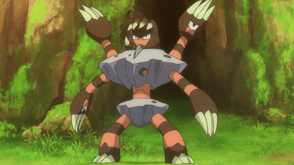 The Pokémon Barbaracle standing in the forest in front of a cliff.