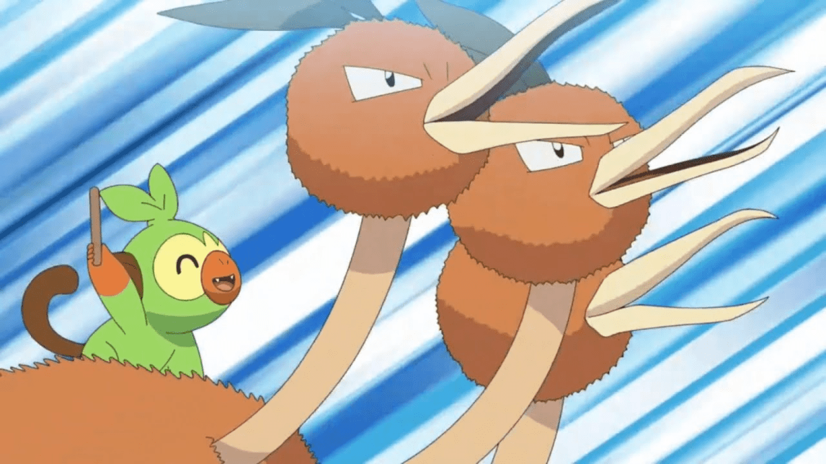 Grookey riding on Dodrio in the Pokémon anime.