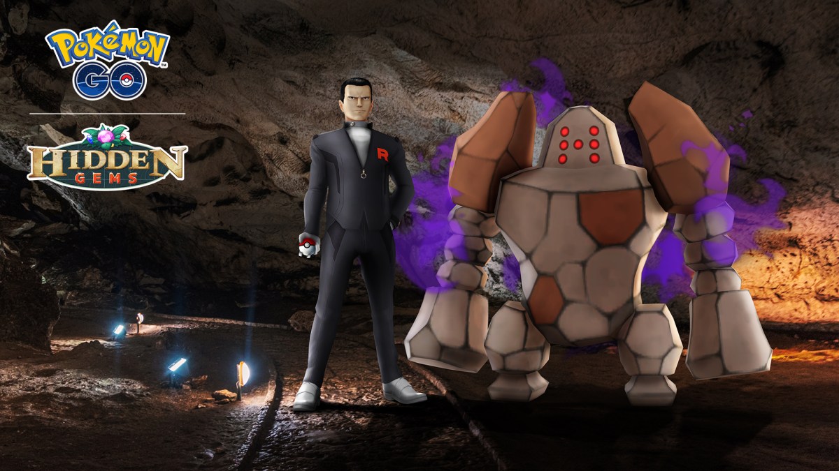 Giovanni using his Shadow Regirock to intimidate Pokemon Go players.