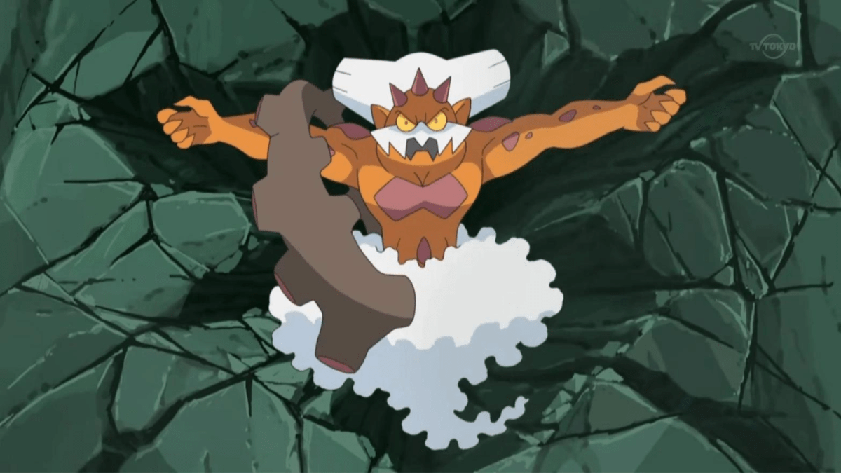 Landorus breaking a wall in the Pokémon anime.