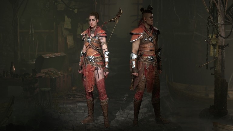 Two Rogue characters in Diablo 4, a male and a female, are shown in the game's character creator.