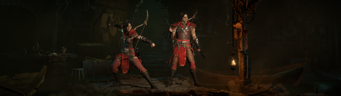 Rogue characters shown in Diablo 4, one in an offensive pose and the other in a defensive pose.
