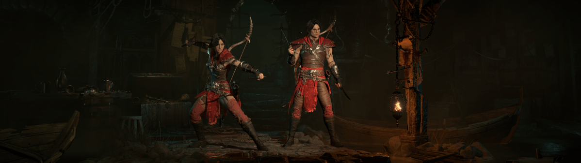 Rogue characters shown in Diablo 4, one in an offensive pose and the other in a defensive pose.