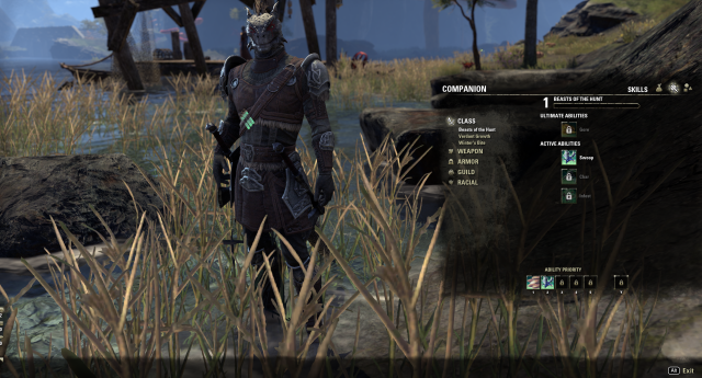 Sharp-as-Night stands in long grass besides a river.
