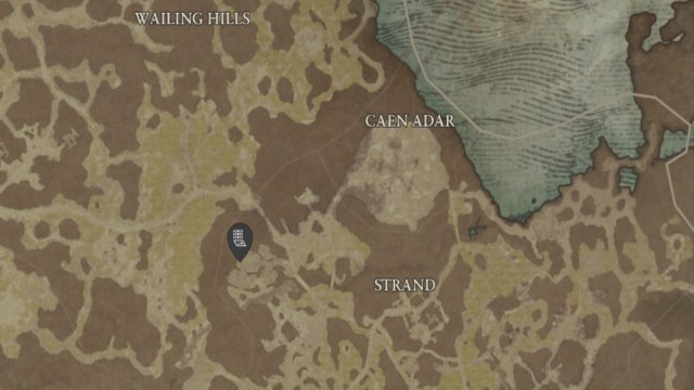 The Scorched Cellar location in Diablo 4, shown west of the Strand in the Scosglen region.