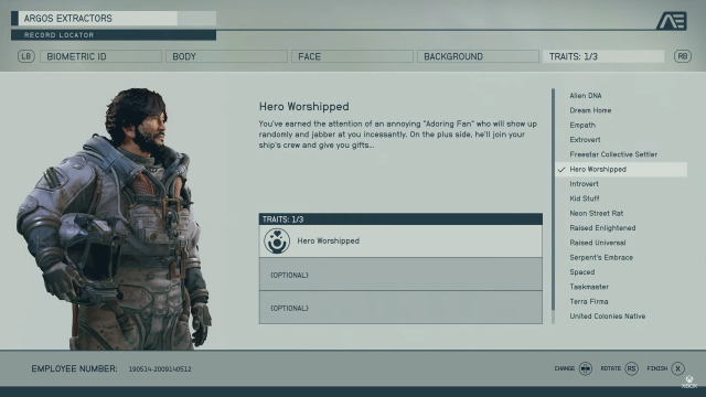 Starfield trait system screen, shows a number of traits for players to choose from including 'Hero Worshipped'