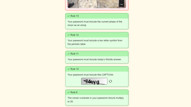 The Password Game list of rules highlighted in green