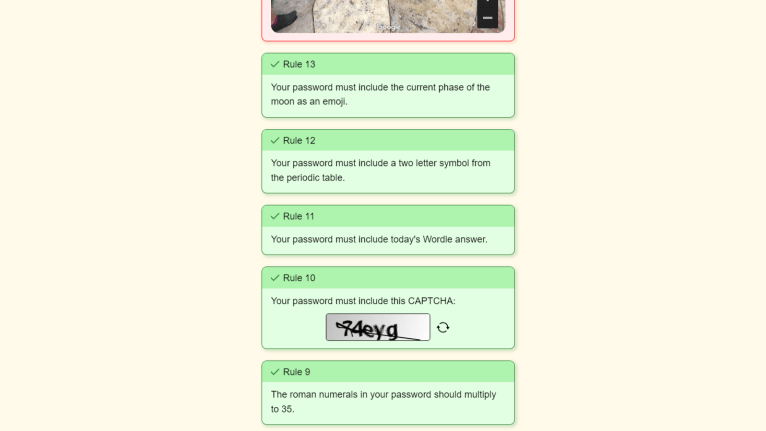 The Password Game list of rules highlighted in green
