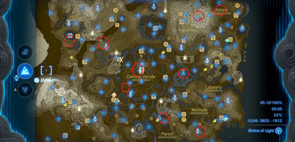 Image of Tears of the Kingdom map with red circles marking 9 Stalnox locations.