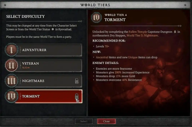 Image of the World Tier difficulty settings.