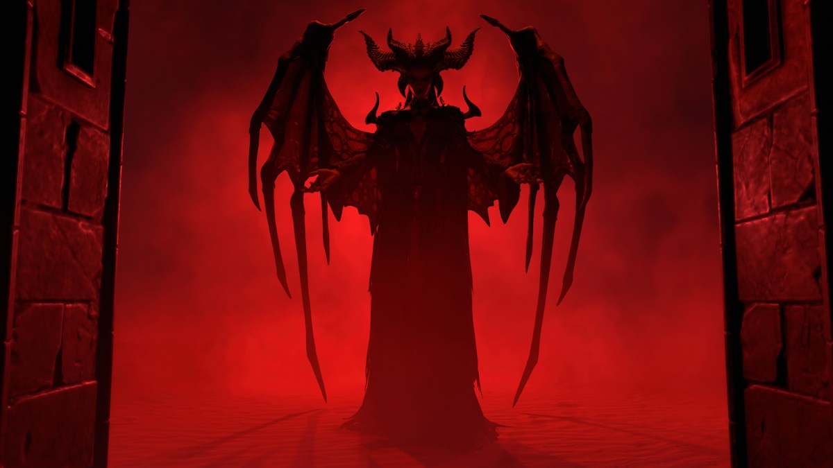 Lilith from Diablo 4 looks menacingly in a red background.