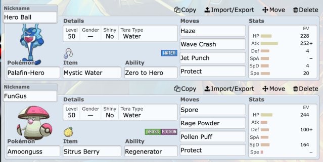 Pokemon Showdown Teambuilder showing off a competitive Amoongus and Palafin set.