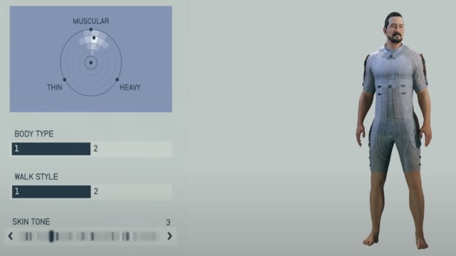 The body customization screen in Starfield's character creator, showing various body types and skin tones.
