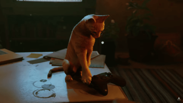 The Cat from Stray pushing an Xbox Controller off a table.