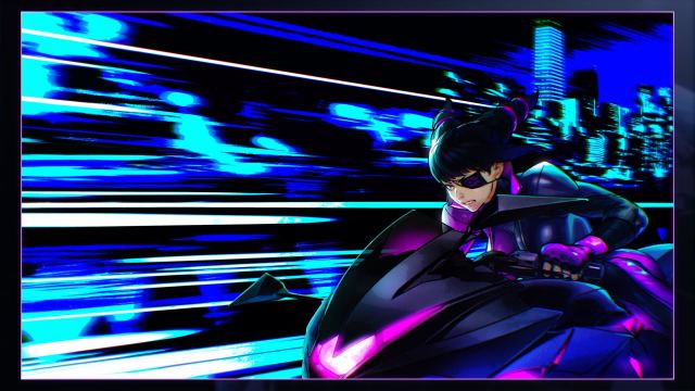 Juri leans forward on her purple speed bike as she speeds past neon lights