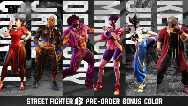Chun Li, Jamie, Dee Jay, Manon, Juri, and Ken stand in various poses and outfits, with Street Fighter 6's bonus purchases granting different colorways for said cosmetics.