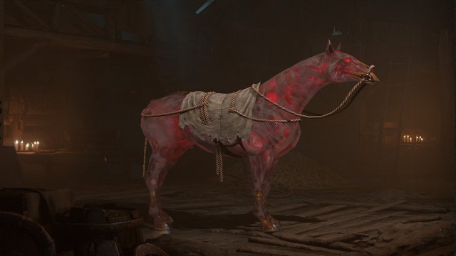 An image showing Diablo 4's Temptation mount, a red, red-eyed, splotchy horse. 