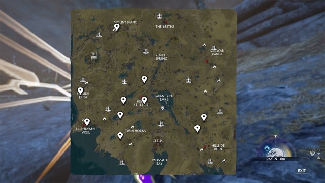 A map showing Tusk Thumper spawn locations on the Plains of Eidolon in Warframe