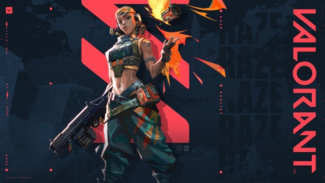 A image of Raze in the middle on a dark background with the Valorant name written vertically in the right side of the image.