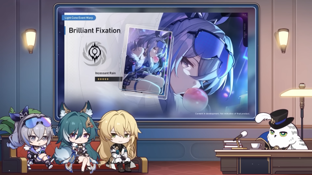 Artwork featuring Silver Wolf blowing bubblegum on her signature Brilliant Fixation Light Cone.