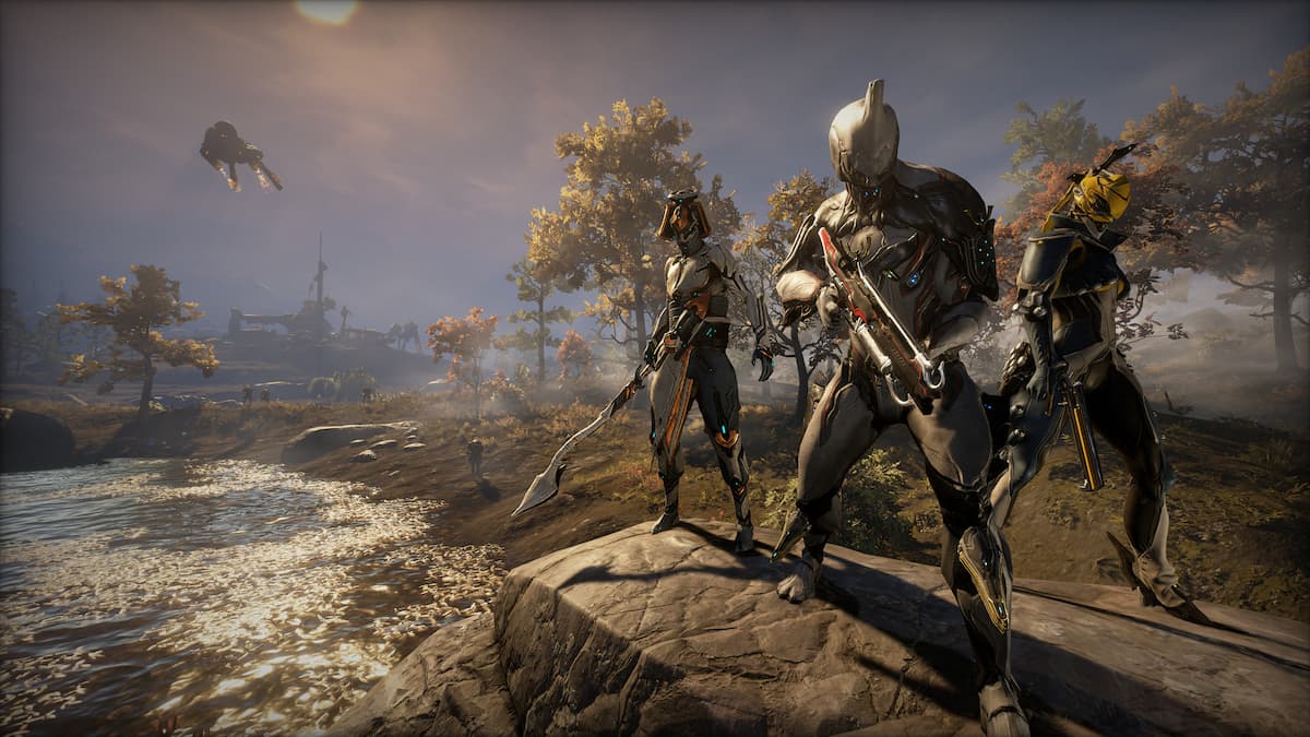 Mesa, Baruk, and Excalibur on the Plains of Eidolon in Warframe