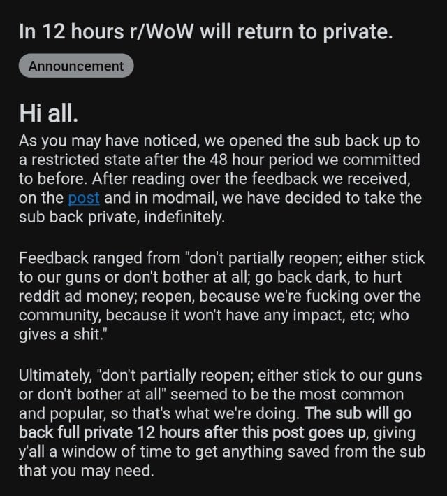 Post from WoW's subreddit explaining it's going back to private.