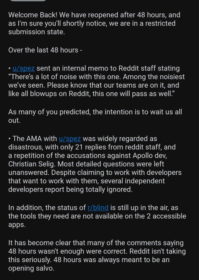 Screenshot of mods' post on July 14 explaining 48 hours isn't enough to protest.