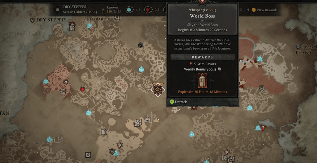 Image of a world boss timer on the Diablo 4 map.