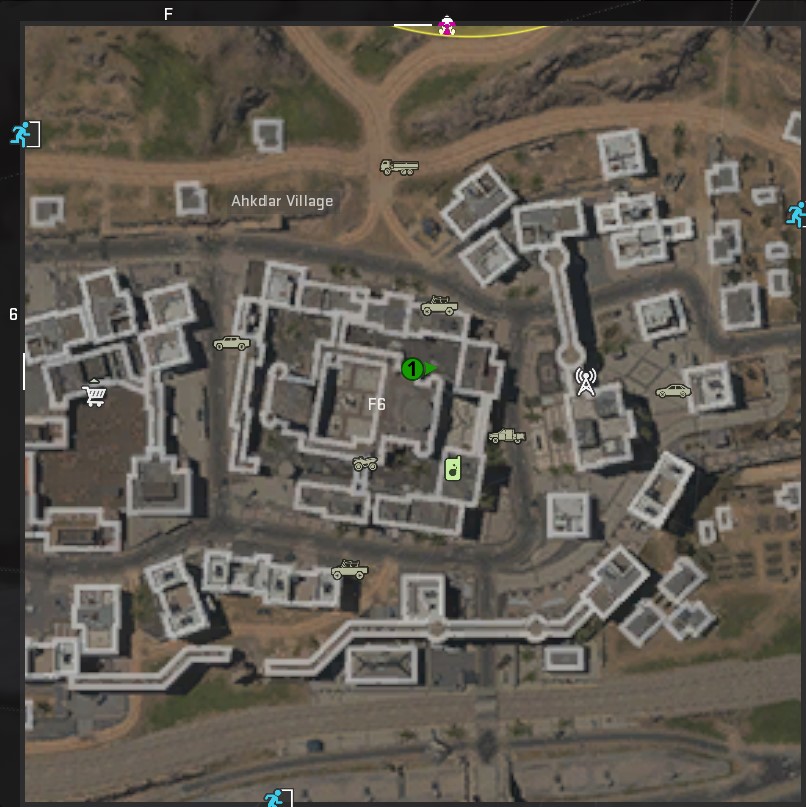 A screenshot of a map of Al Mazrah in DMZ, with a green mark indicating the location of a dead drop.