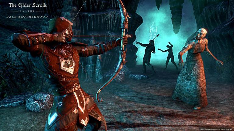 Archer shooting arrows at undead creatures. In the upper left conner The Elder Scrolls Online: Dark Brotherhood is written.