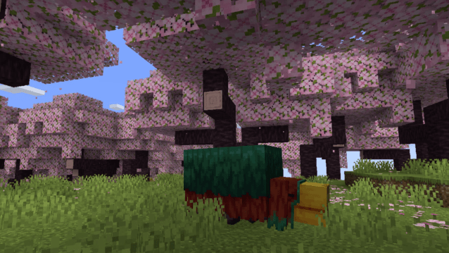 A Sniffer sitting underneath a cherry blossom tree in a cherry blossom grove biome.