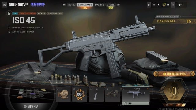 ISO 45 SMG listing in the Call of Duty MW2/Warzone season four battle pass.