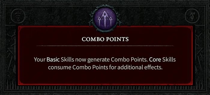 The Combo Points description in Diablo 4, which reads: "Your Basic Skills now generate Combo Points. Core skills consume Combo Points for additional effects."