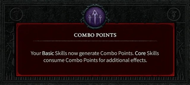 The Combo Points description in Diablo 4, which reads: "Your Basic Skills now generate Combo Points. Core skills consume Combo Points for additional effects."