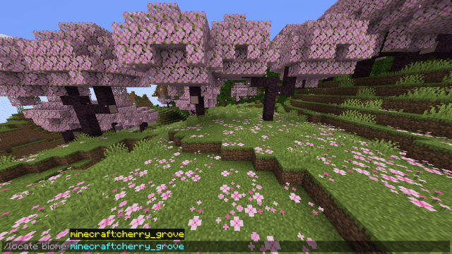 A cherry blossom biome with the "/locatebiome minecraft:cherry_grove" command typed into the chat box. 