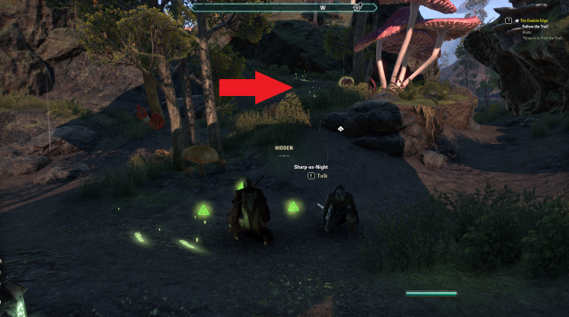 An Orc and Argonian crouch close to the ground in ESO to reveal glowing green footprints.