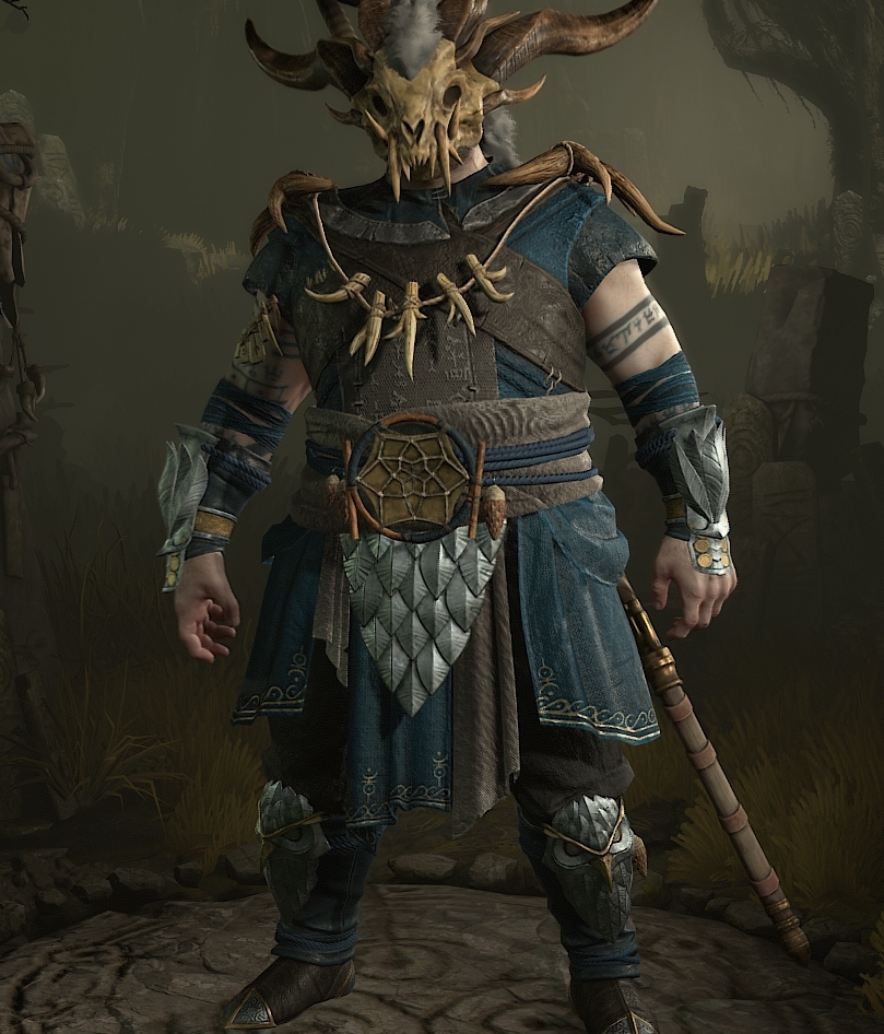 A screenshot of a Diablo 4 Druid in cool armor.