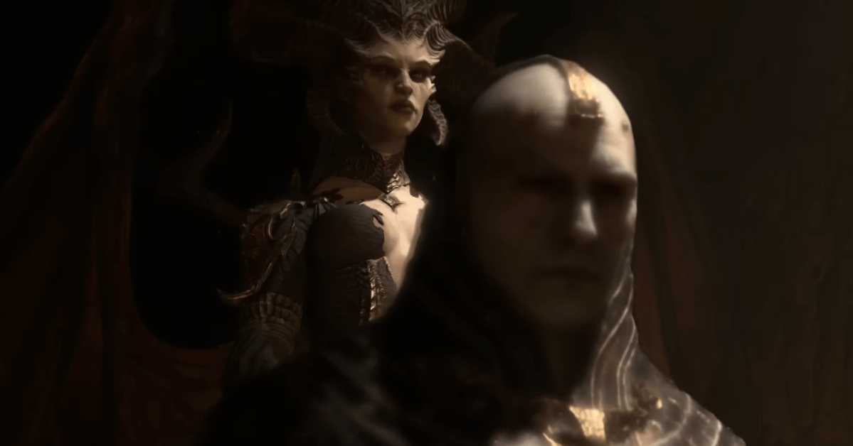 Lillith stands in front of a veiled being in Diablo 4 promo art