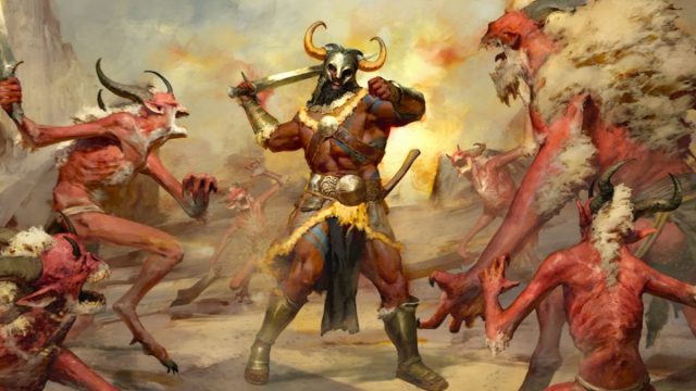 The Barbarian from Diablo 4 surrounded by horned demons.