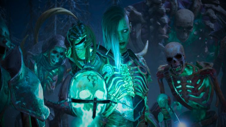 Necromancer from Diablo 4 surrounded by skeletons