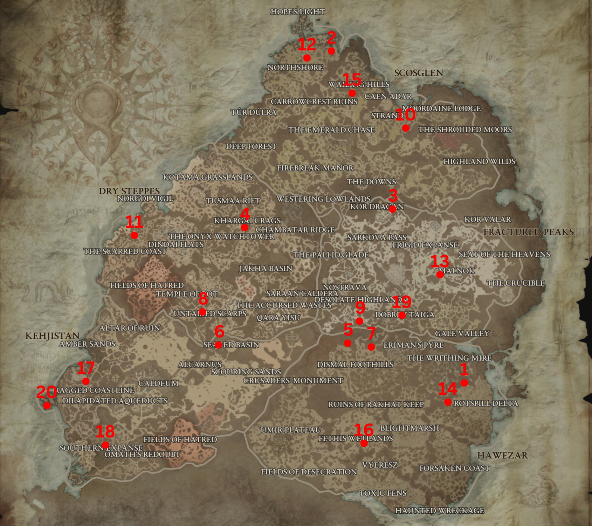 Red dots and numbers across the Diablo 4 map