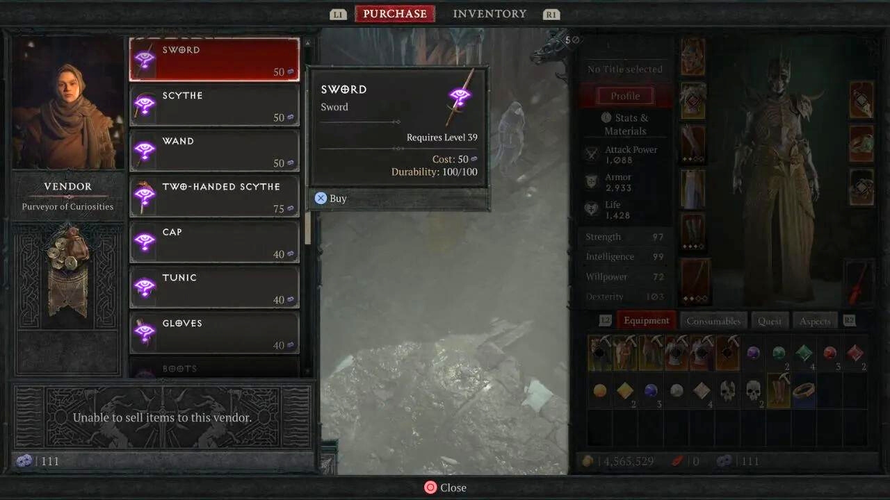 Card, icons, and text highlighting vendor's gear in Diablo 4