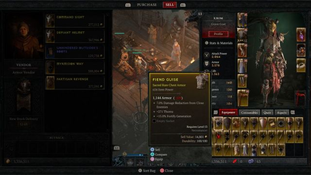 Sacred item description in Diablo 4's inventory menu.