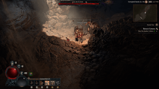 An in-game screenshot from Diablo 4 showing a player encountering The Butcher while working through a dungeon.