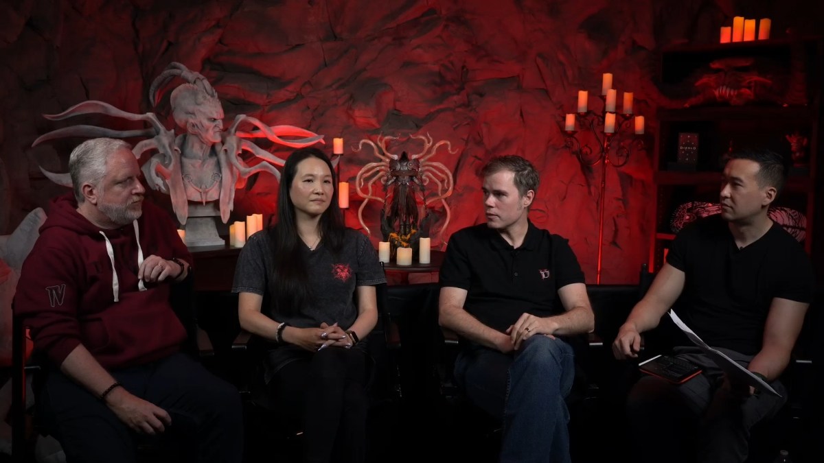 A screenshot of Diablo 4 devs talking during a Campfire Chat stream.